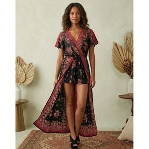 Angie Maxi Romper Skirt Womens Sz M Black Floral Paisley Boho Overlay Fairycore